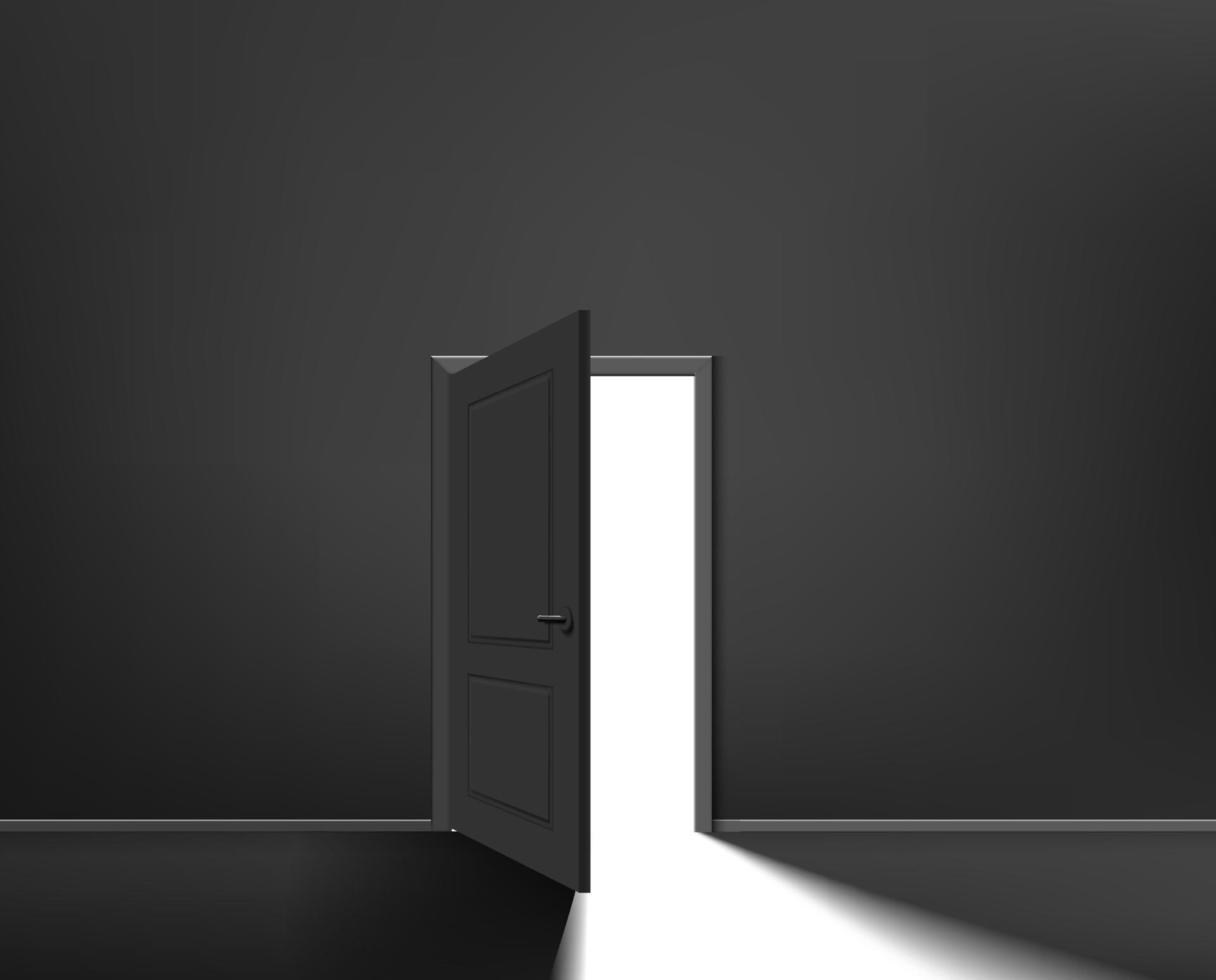 Dark interior with opened door. 3d vector illustration