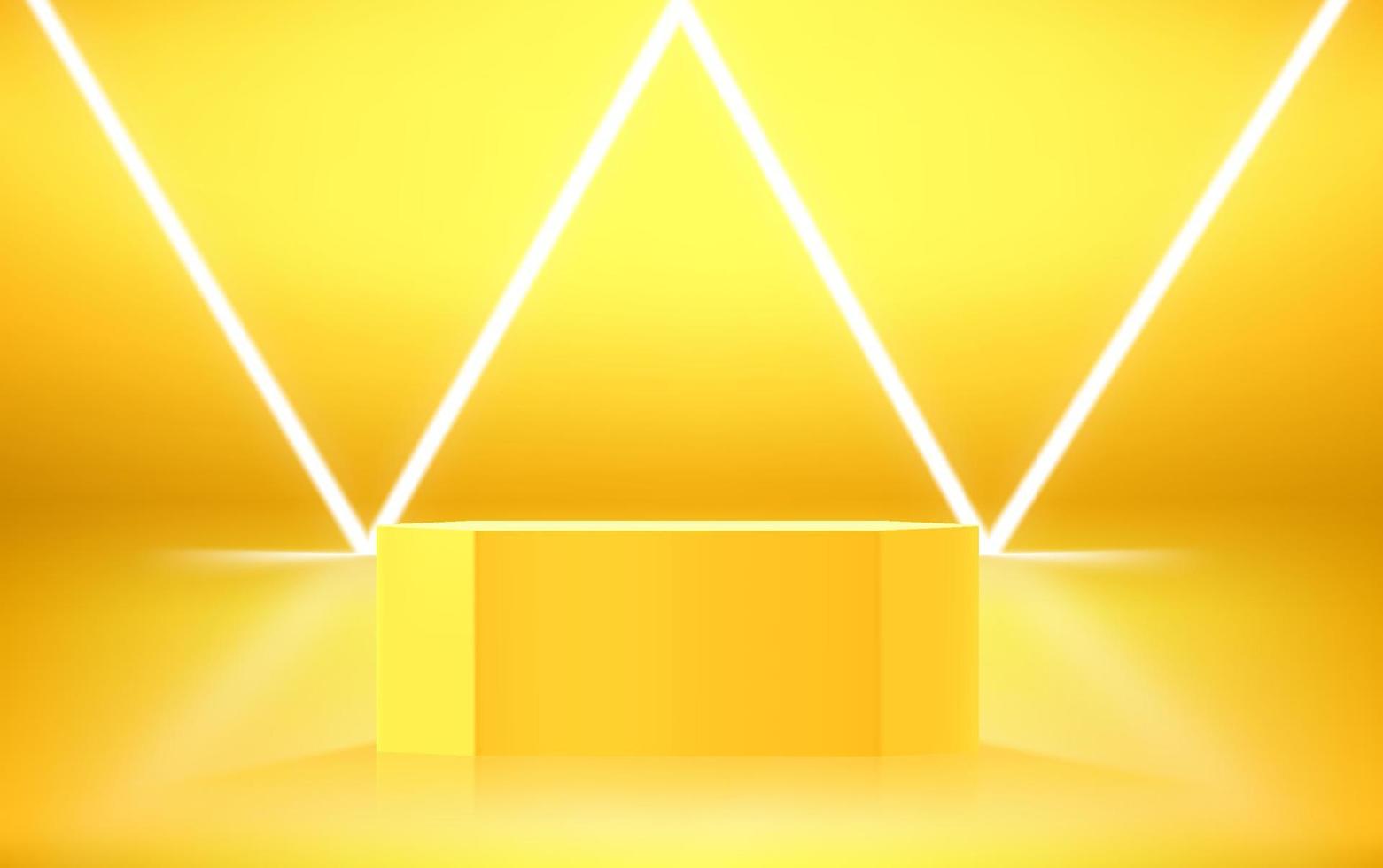 Golden hexagon showcase with neon light. 3d vector illustration with copy space