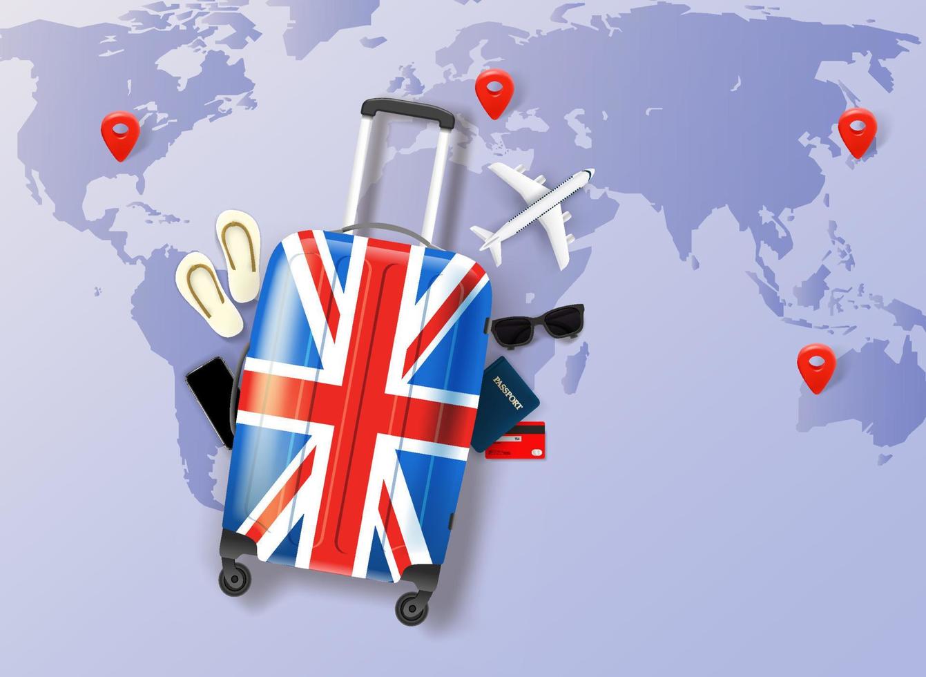 Travel suitcase with united kingdom flag and travel accessories. 3d vector concept