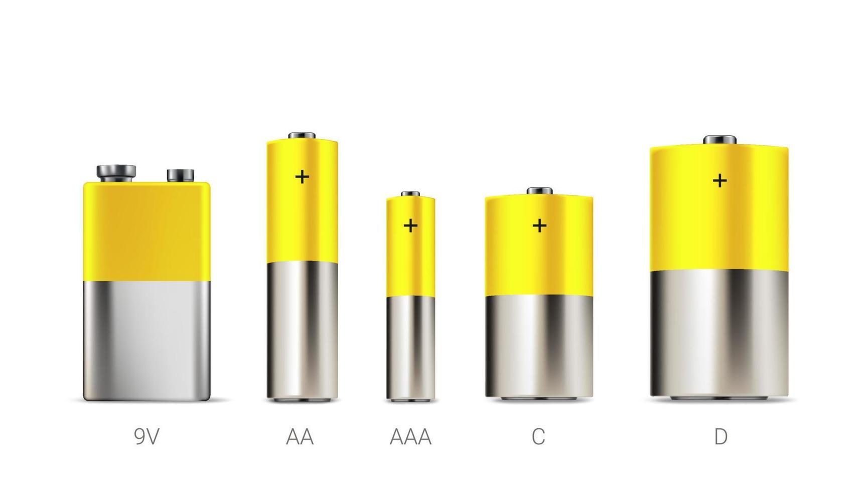 Different size realistic batteries set isolated on white background. 3d vector clipart