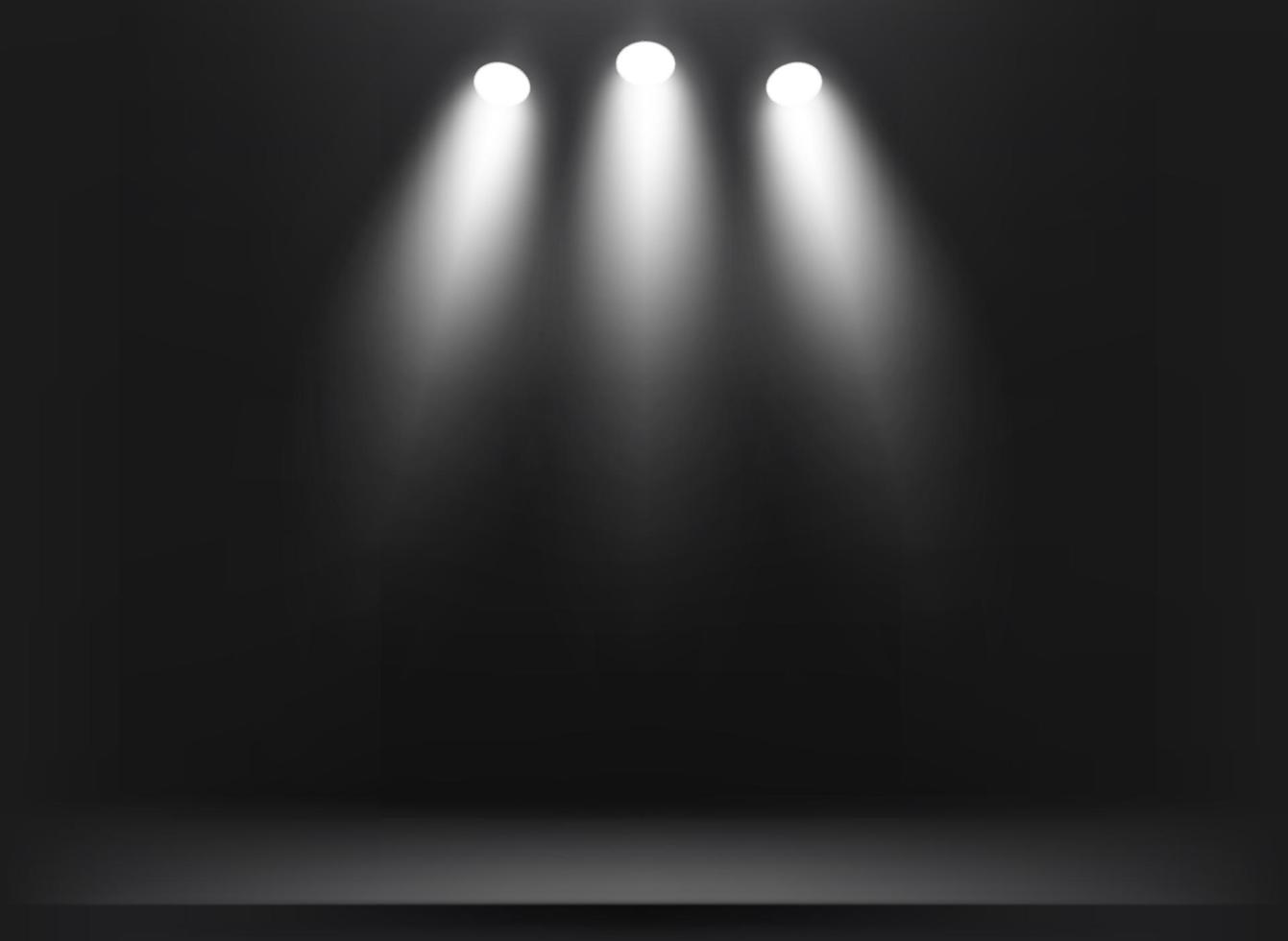 Dark illuminated studio with bright projectors. 3d vector illustration