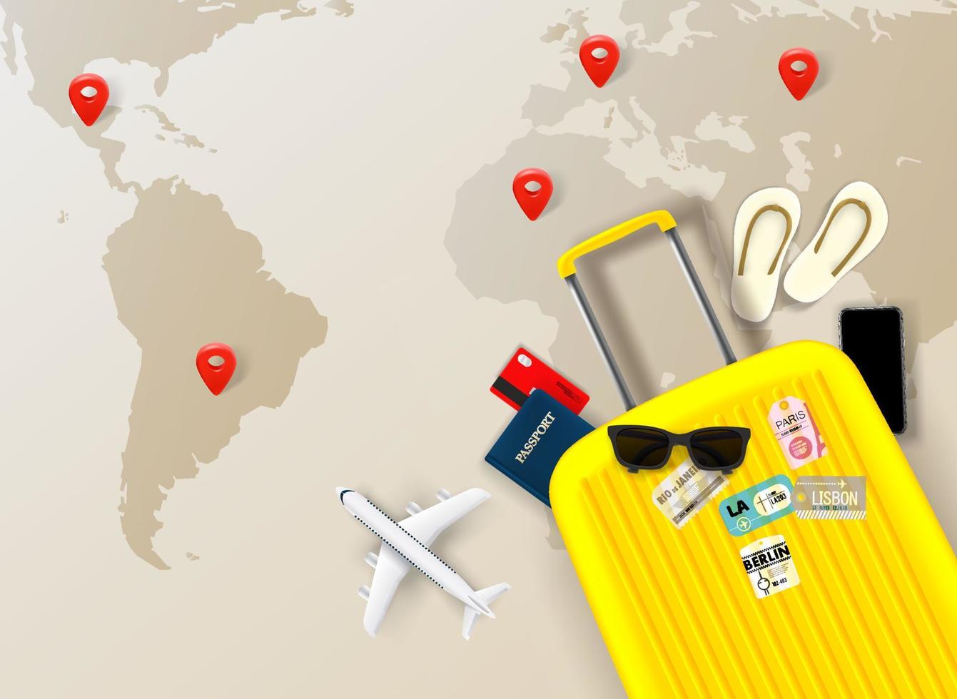 Yellow suitcase and travel accessories. 3d vector concept