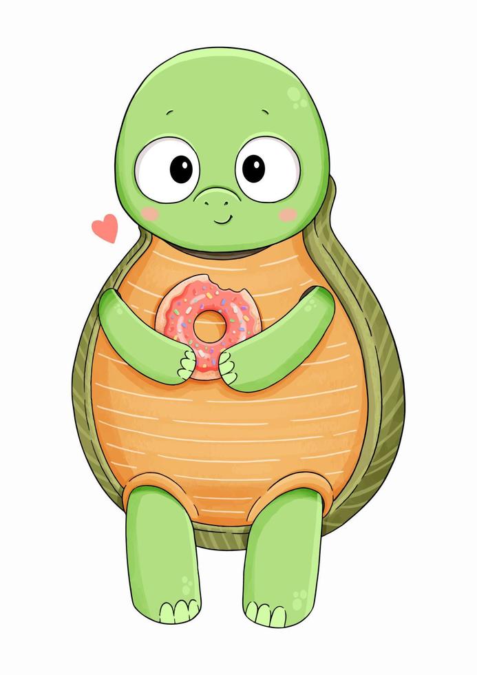 Happy turtle with pink donut vector illustration