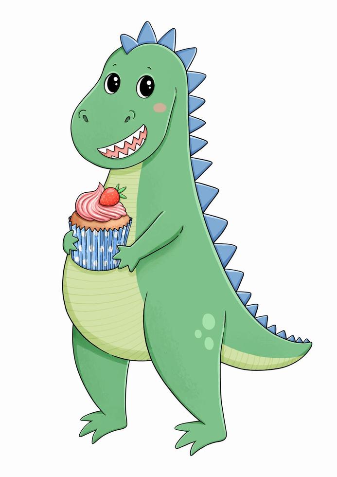 Dinosaur with pink strawberry cupcake happy birthday vector illustration