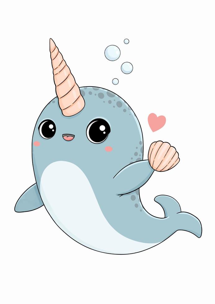 Baby narwhal with beautiful sea shell vector illustration