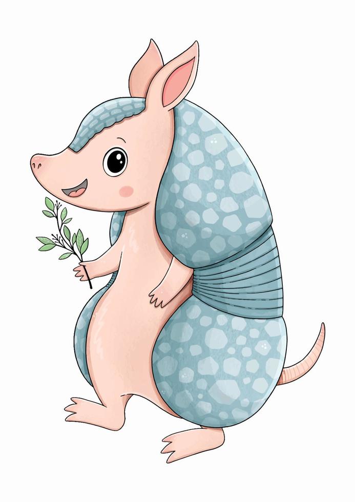 Armadillo with green flower cute vector illustration