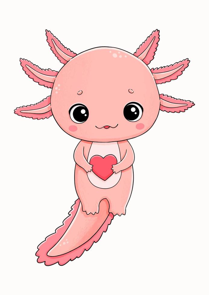 Pink axolotl with red heart cute vector illustration