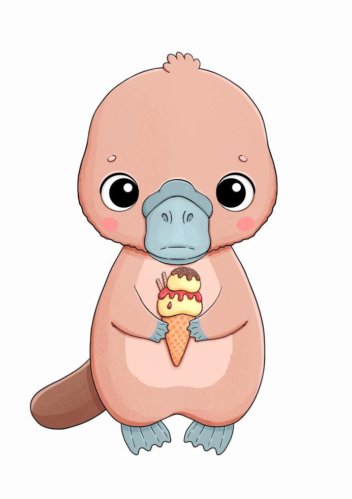Platypus with banana strawberry chocolate ice cream cute vector illustration