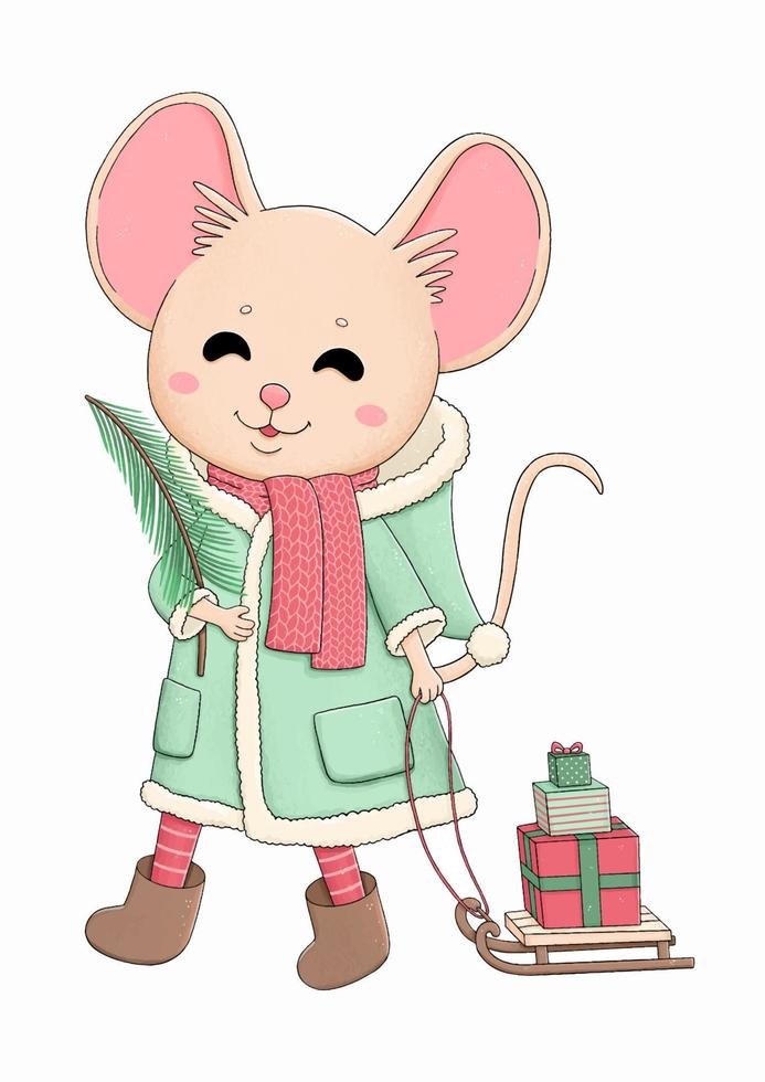Cute little mouse with presents and Christmas tree vector illustration