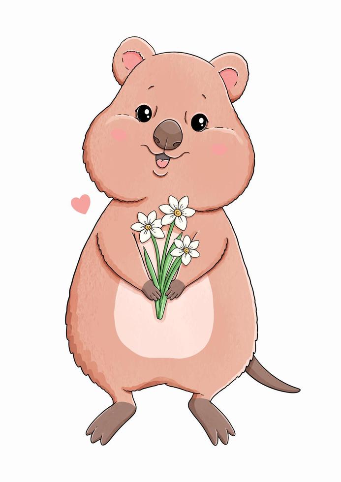 Cute little quokka with white flowers vector illustration