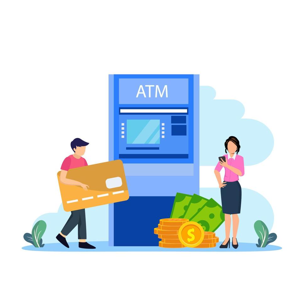 Vector illustration of modern business concept style. The character of the person makes money withdrawals at ATMs, Cash withdrawal from ATMs. Flat vector template Style Suitable for Web Landing Page.