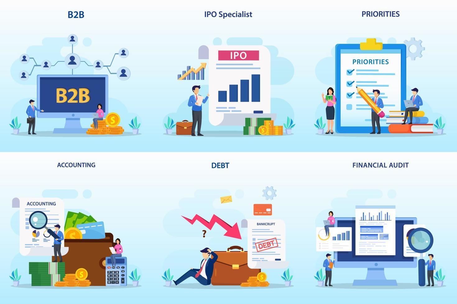 Set bundle Business concept. b2b, ipo specialist, priorities, accounting, debt, financial audit vector