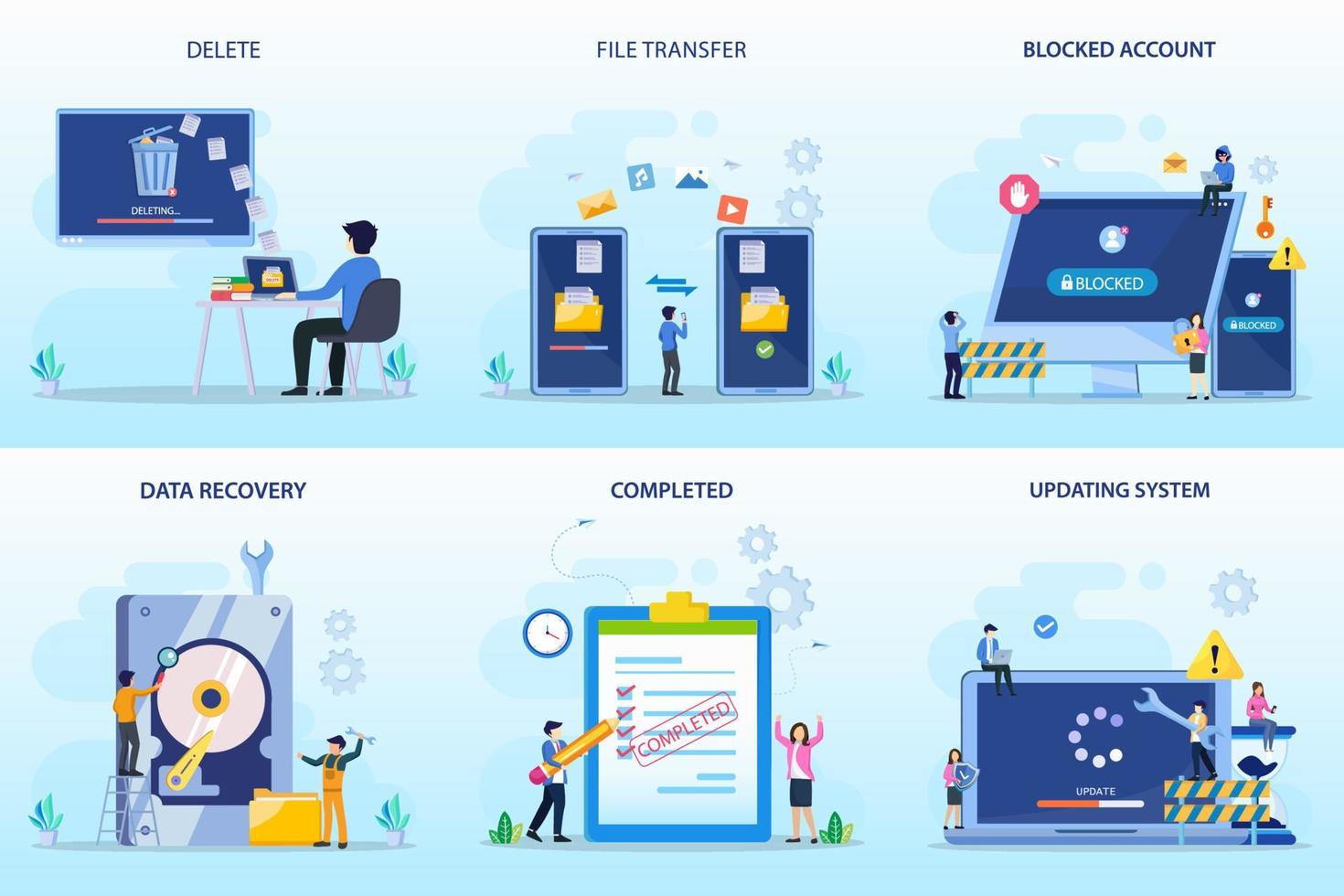 establecer paquete de tecnología digital. eliminar, transferencia de archivos, cuenta bloqueada, recuperación de datos, completado, sistema de actualización vector