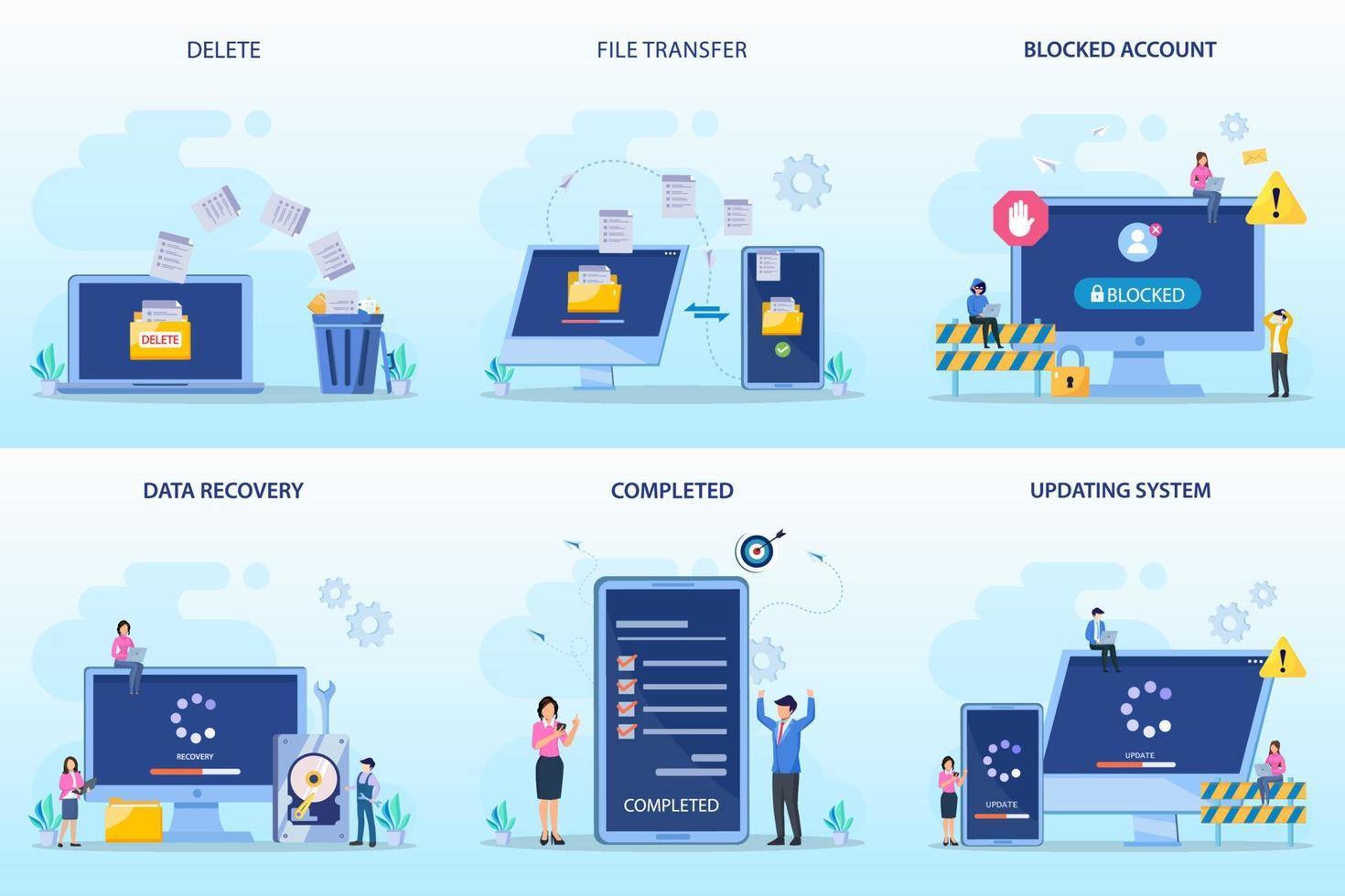 set bundle Digital technology. Delete, file transfer, blocked account, data recovery, completed, update system vector