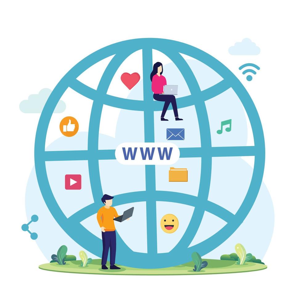 Modern style vector illustration of a domain registration concept with a person character registering the site with his laptop. Flat vector template Style Suitable for Web Landing Page, Background.