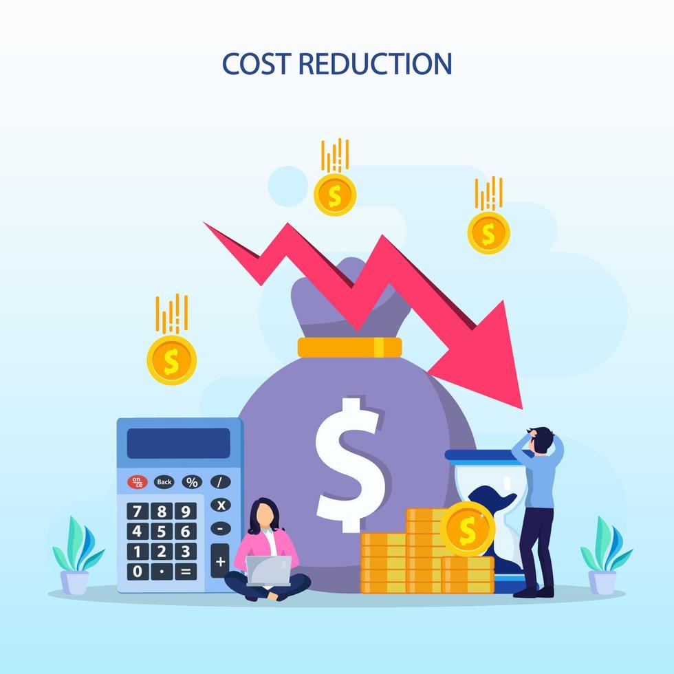 Cost reduction illustration concept with tiny people. Sales decline, crisis financial. vector