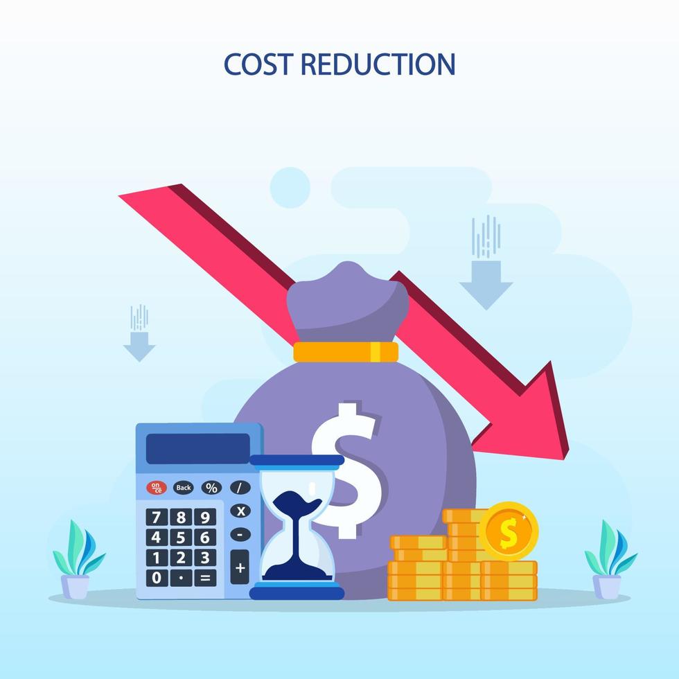 concepto de ilustración de reducción de costos con personas diminutas. disminución de las ventas, crisis financiera. vector