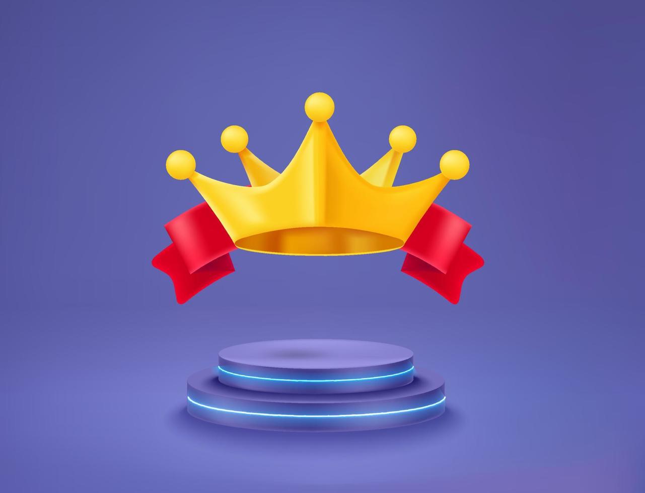 Golden crown with red ribbon on neon podium. Vector 3d illustration