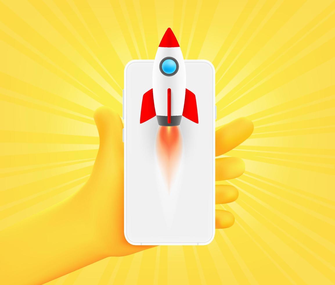 Hand with app icon with rocket on smartphone. 3d vector illustration