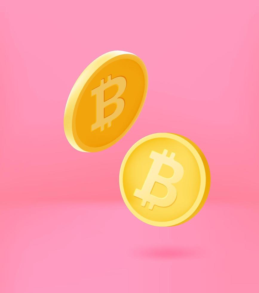 Golden bitcoins coins falling down. 3d vector concept
