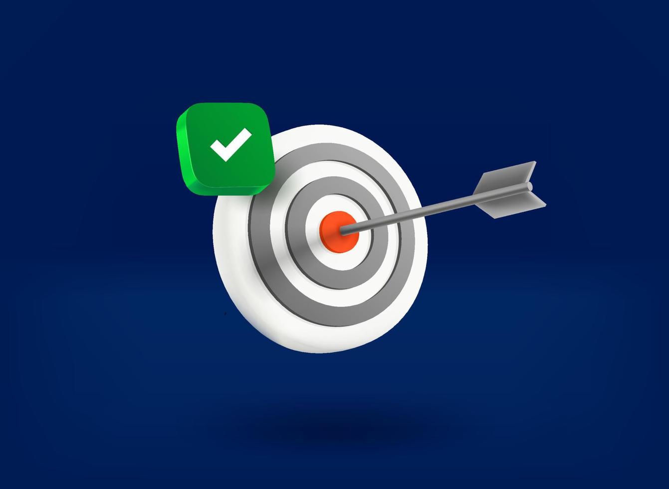 Dart ia the centr of aim with checkmark icon. 3d vector illustration