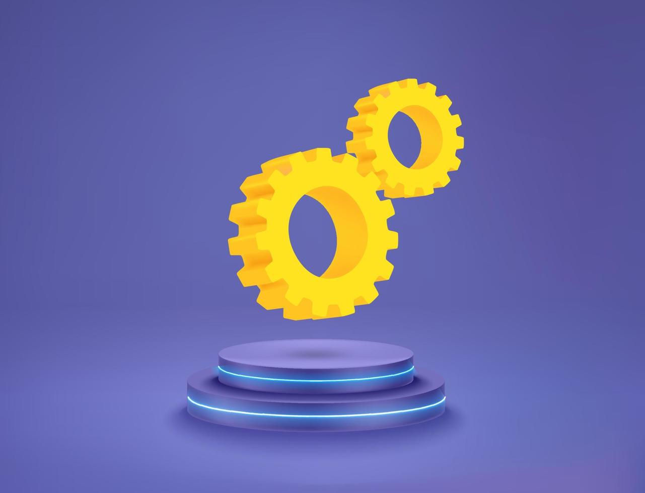 Golden gears with podiums with color neon. Vector 3d illustration