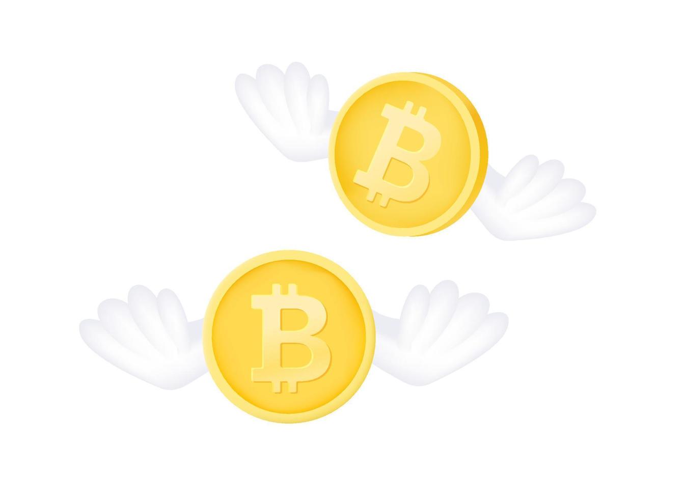 Flying bitcoins coins with the wings. 3d vector concept