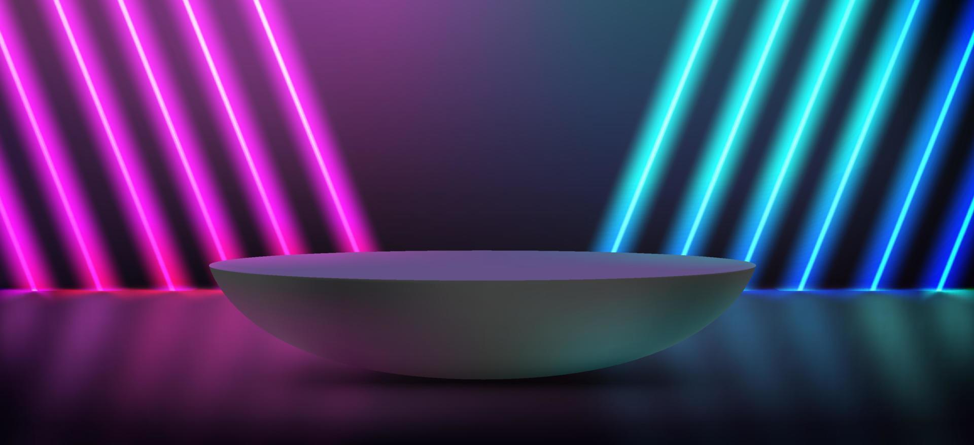 Dark room with purple and blue diagonal neon and podium. 3d vector showcase with copy space