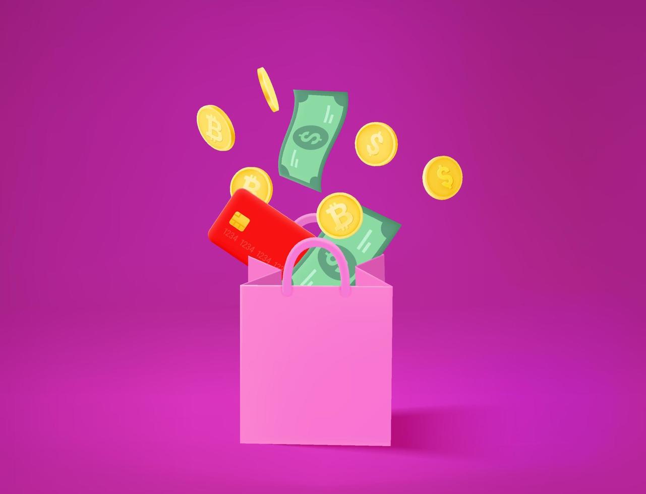 Currency falling to the shopping bag. Vector 3d illustration
