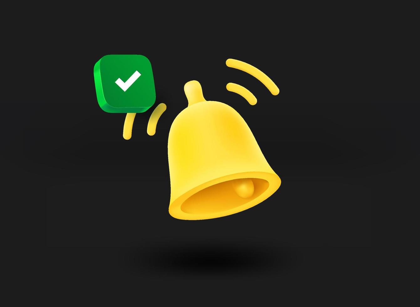 Ringing bell with checkmark icon. 3d vector illustration