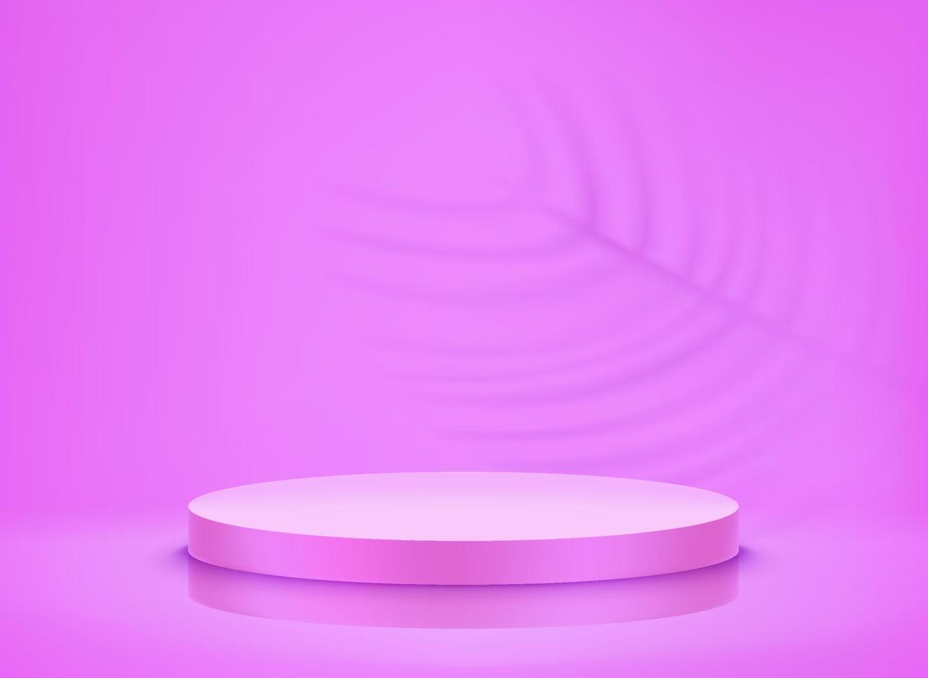 Empty violet room with round podium and shadows. Realistic 3d vector illustration