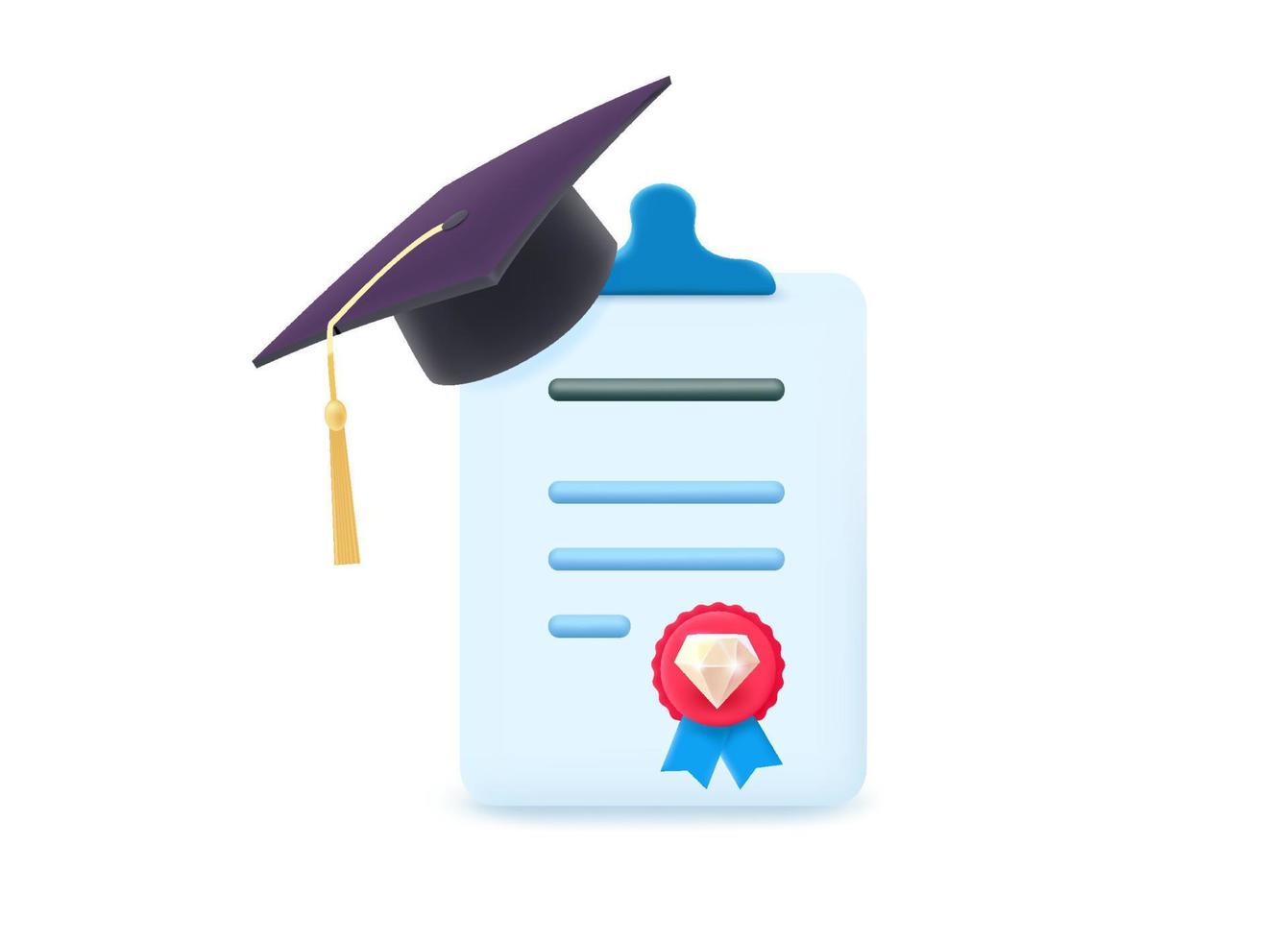 Diploma with text and medal and graduation hat. 3d vector illustration