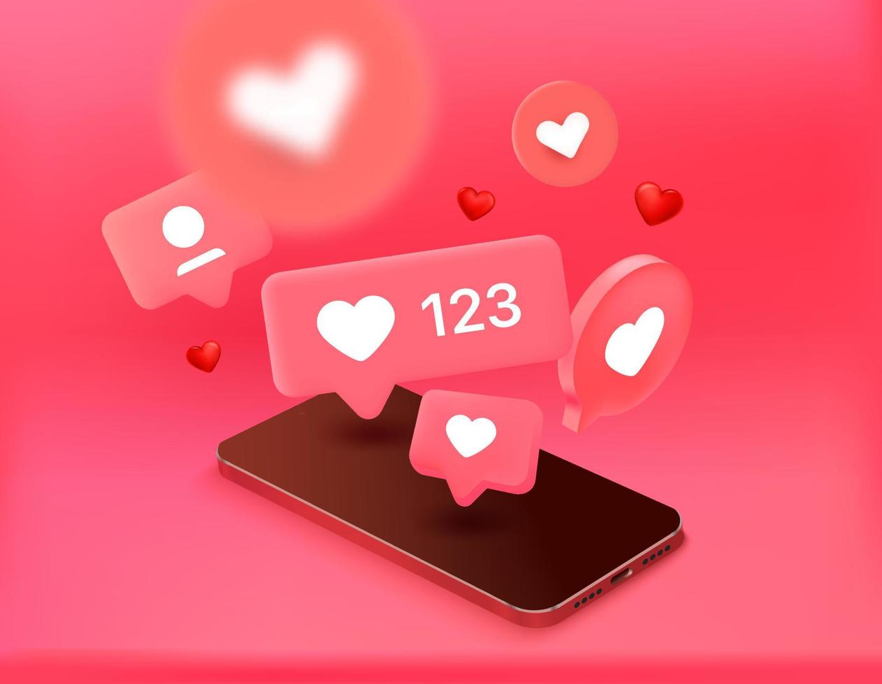 burbujas de notificación de redes sociales con corazones volando a un teléfono inteligente moderno. concepto de vector 3d