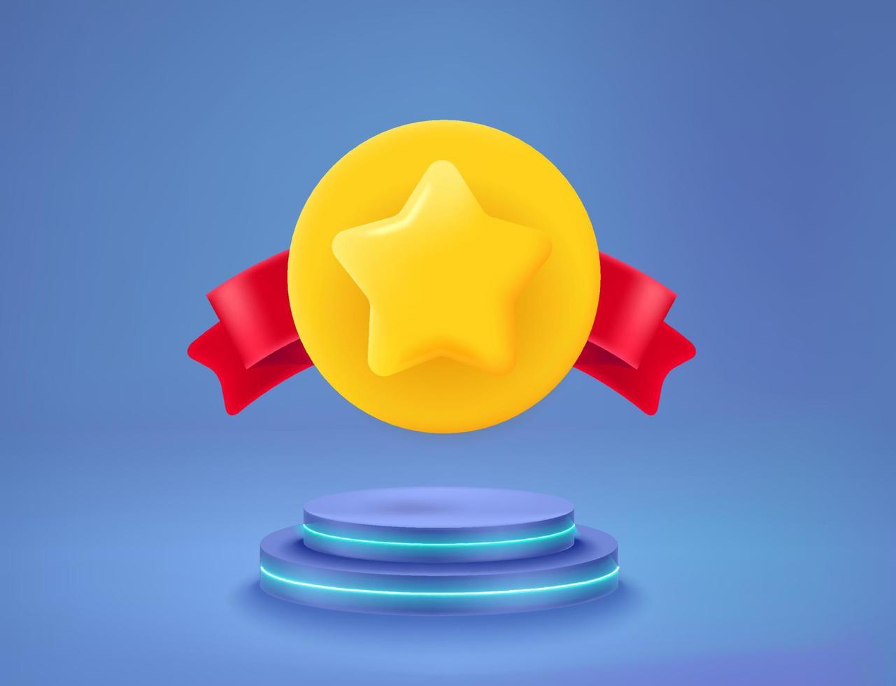 Golden star medal with red ribbon on neon podium. Vector 3d illustration