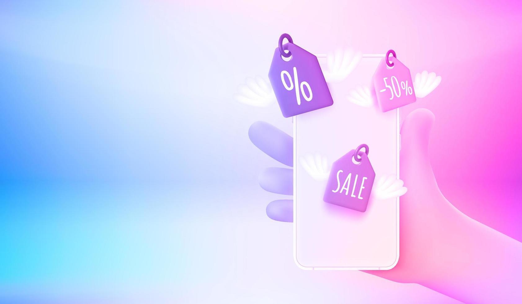 Get discounts in internet shop via mobile app. 3d vector banner