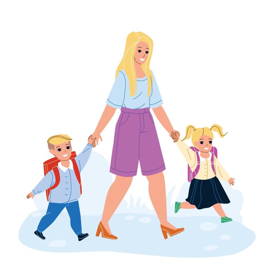 Boy And Girl Pupil Go To School With Mother Vector