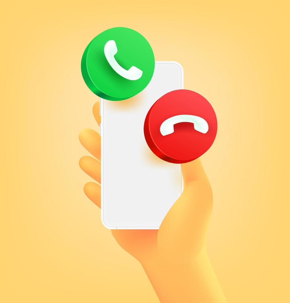 Cartoon hand with smartphone and call buttons. 3d vector illustration