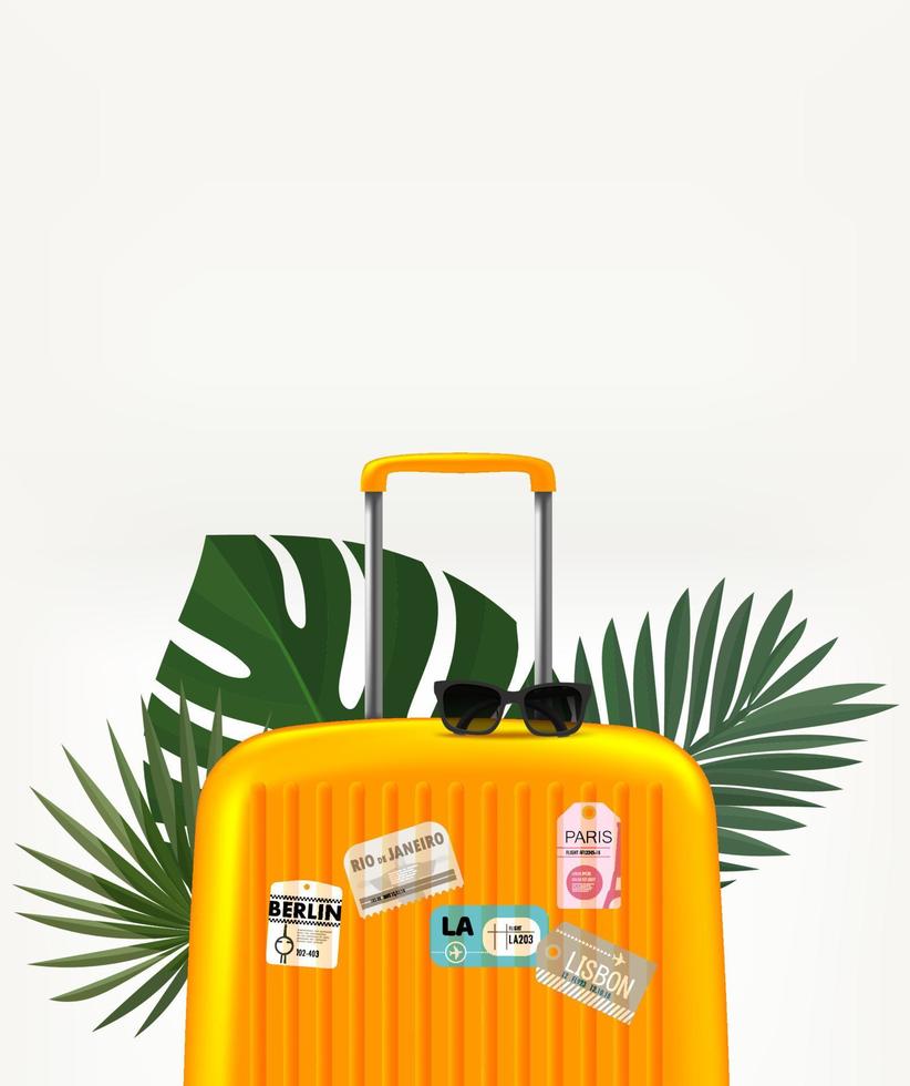 Travel suitcase and palm leaves. Summer travel concept. 3d vector banner with copy space