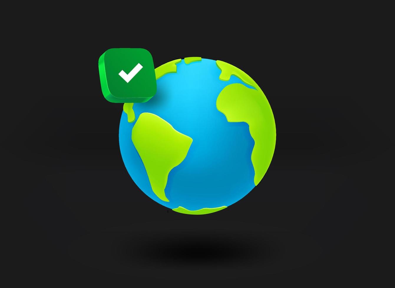 The Earth with checkmark icon. 3d vector illustration