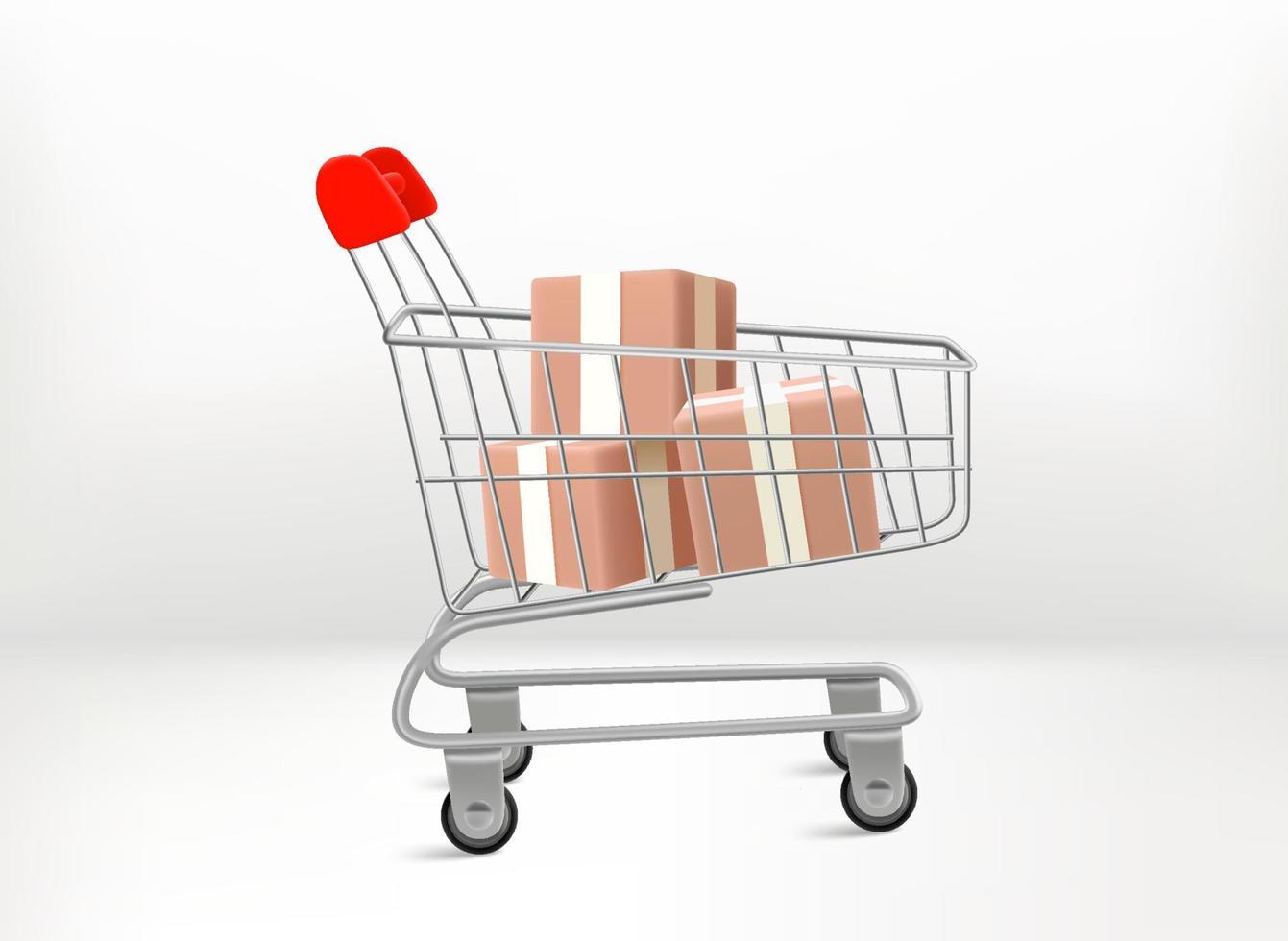Supermarket shopping cart with boxes. 3d vector illustration