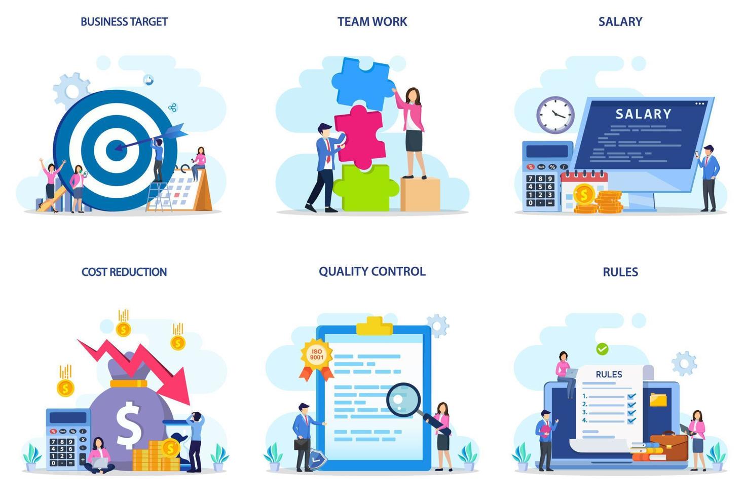 Set bundle Business concept. business target, team work, salary, qost reduction, quality control, rules. vector