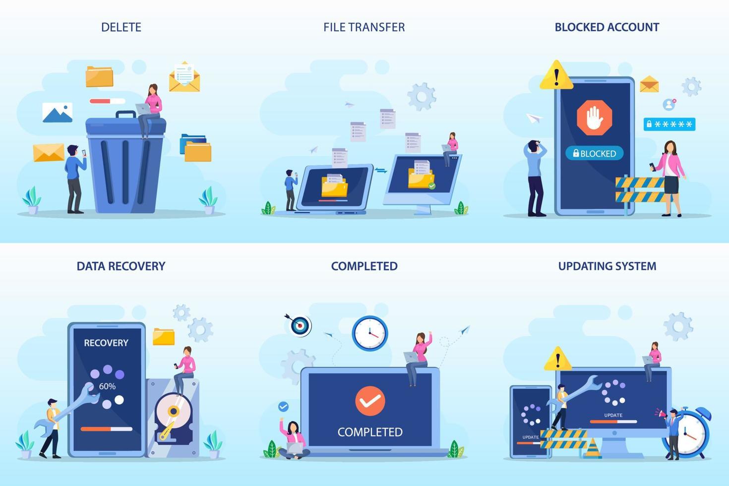 establecer paquete de tecnología digital. eliminar, transferencia de archivos, cuenta bloqueada, recuperación de datos, completado, sistema de actualización vector