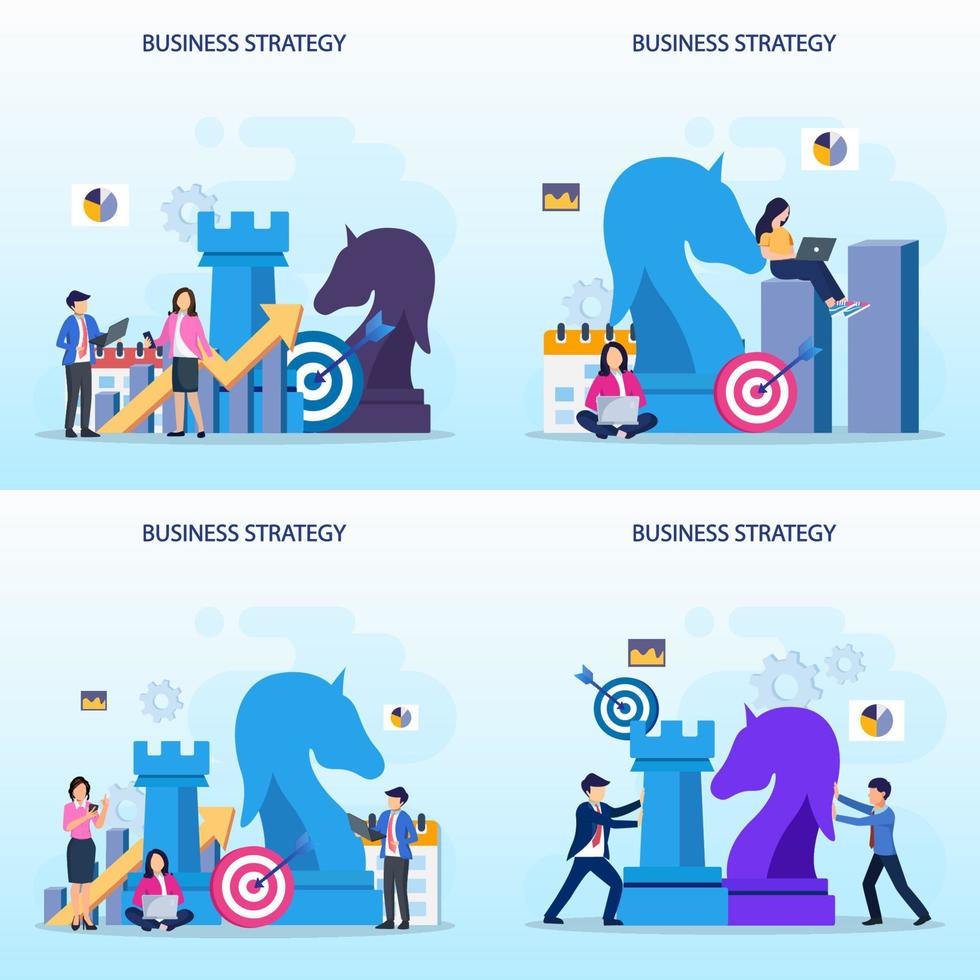 Set bundle Business strategy concept, People are planning, team metaphor, Target achievement, Strategic and tactics chess pieces. Flat vector template style Suitable for Web Landing Pages.