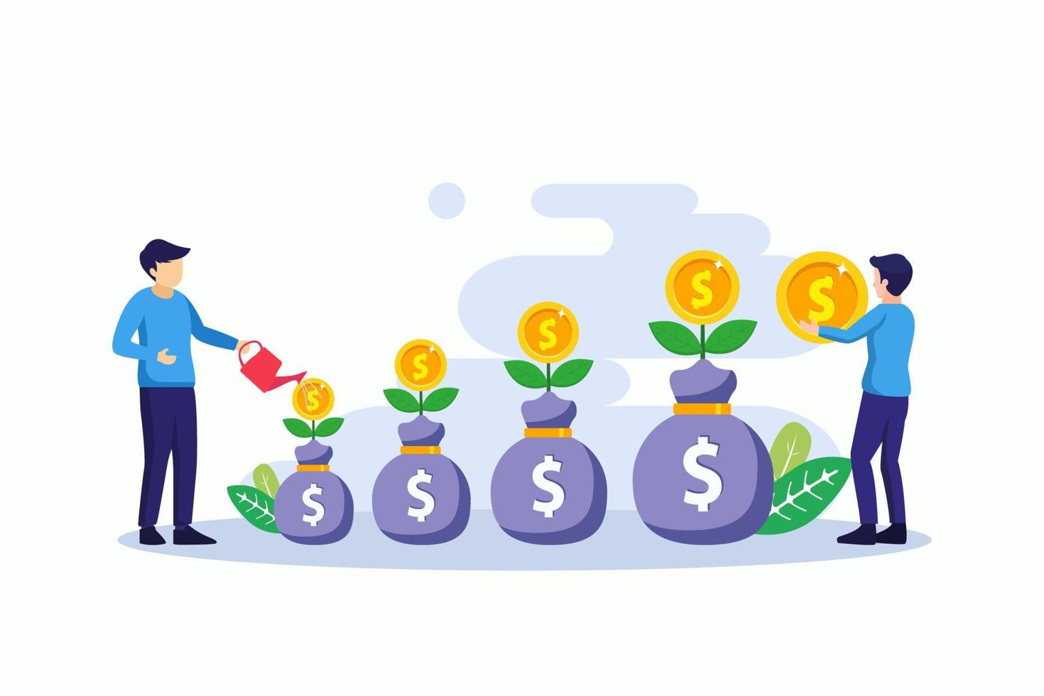 el concepto de inversión, la gente riega el árbol del dinero con monedas, aumenta la ilustración del vector de ganancias de inversión financiera. estilo de plantilla de vector plano adecuado para página de inicio web, fondo.