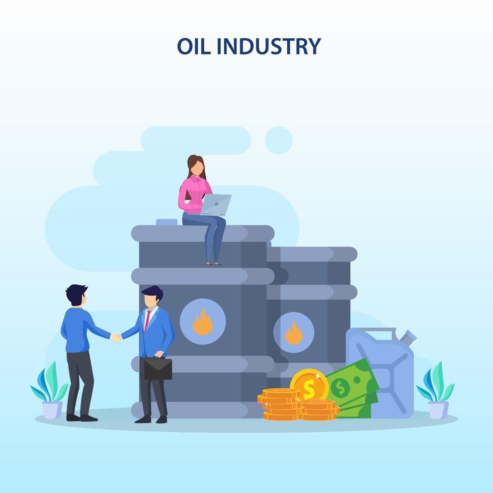 Businessman character looking at declining oil chart price with oil drum and coins flat vector