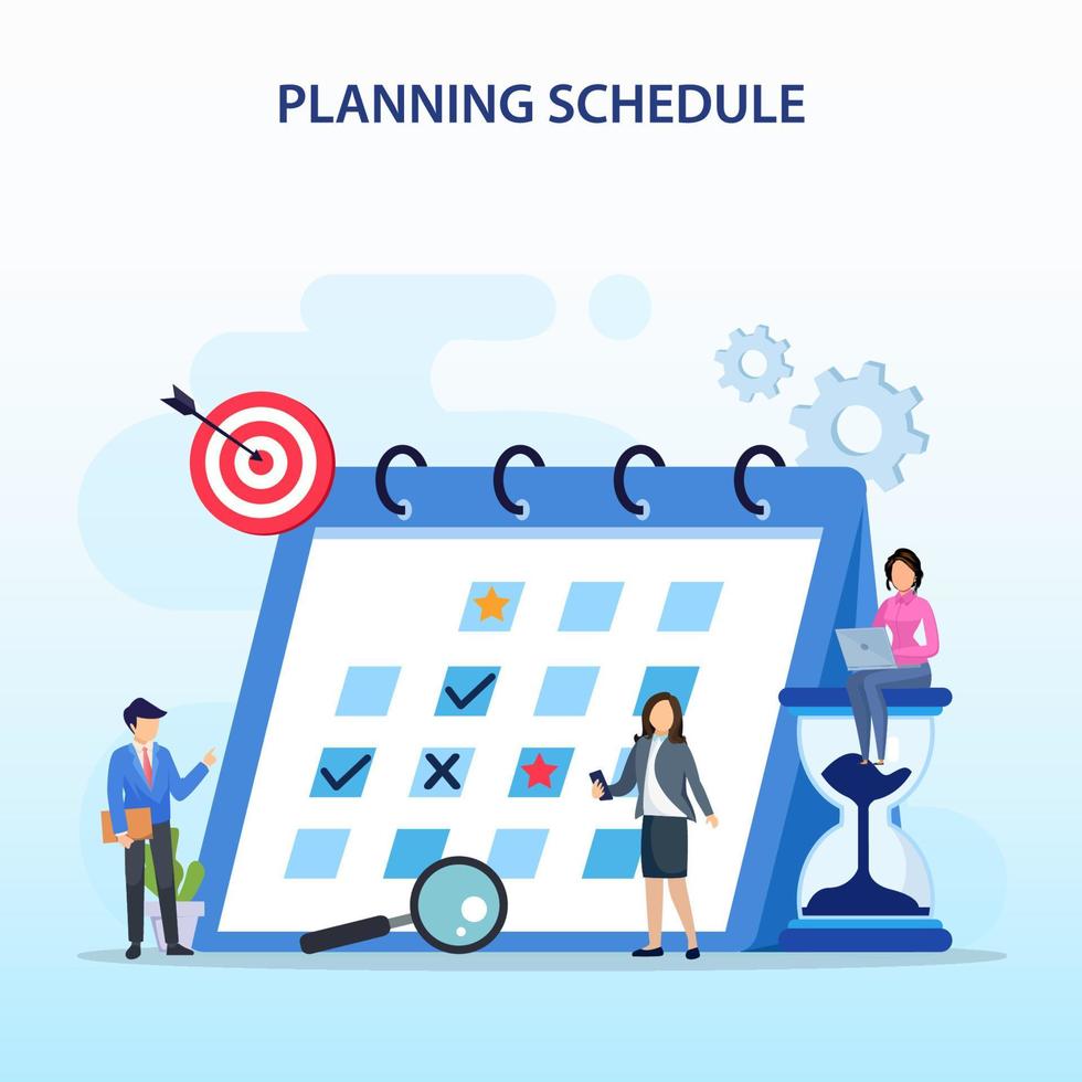 concepto de programación de planificación, personas que completan la programación en un calendario gigante, planificación del trabajo, trabajo en curso. estilo de plantilla de vector plano adecuado para páginas de destino web.