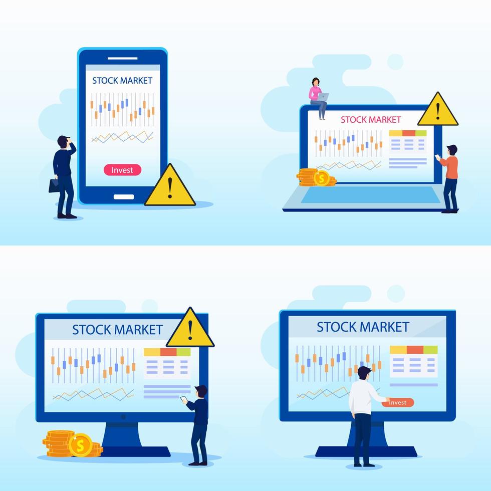 Modern flat design of Investing in the Stock Market. People trading stock online. Flat Style vector template suitable for Web Landing Page, Background.