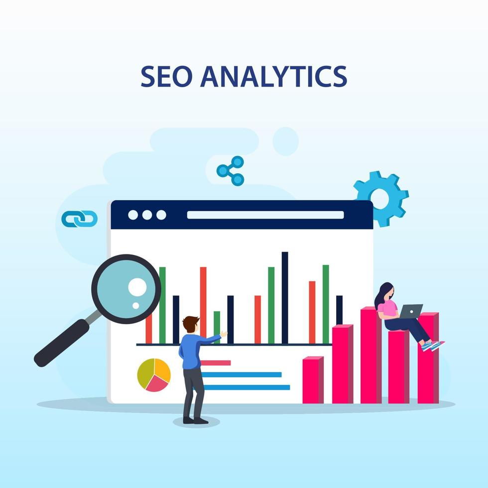 SEO Analytics Team, Search engine ranking, Seo success, Seo optimization, illustration with icons and character. Flat vector template style Suitable for Web Landing Pages.