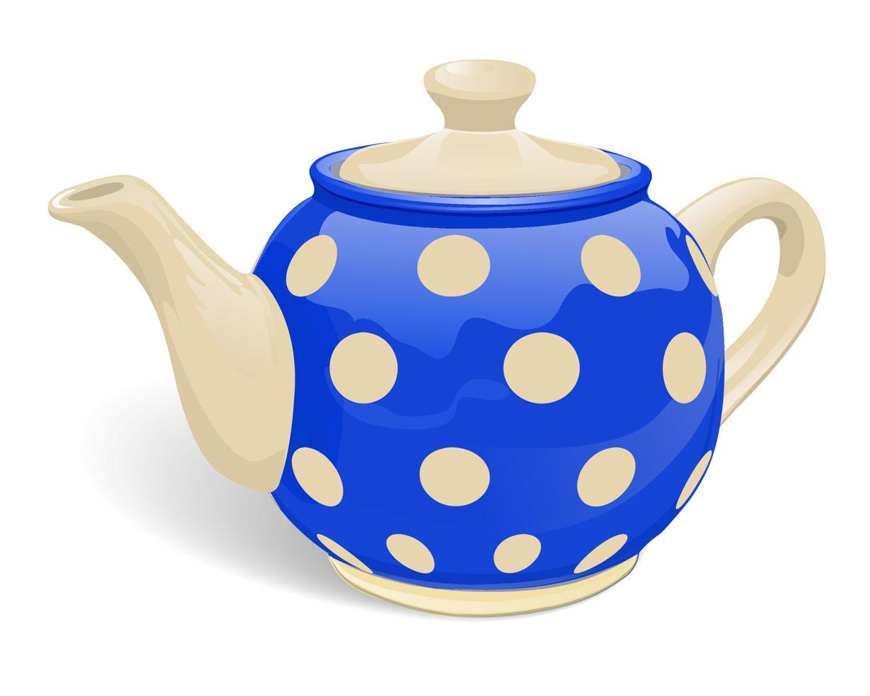Realistic ceramic teapot. Blue with beige peas. Isolated on white background. Vector illustration.