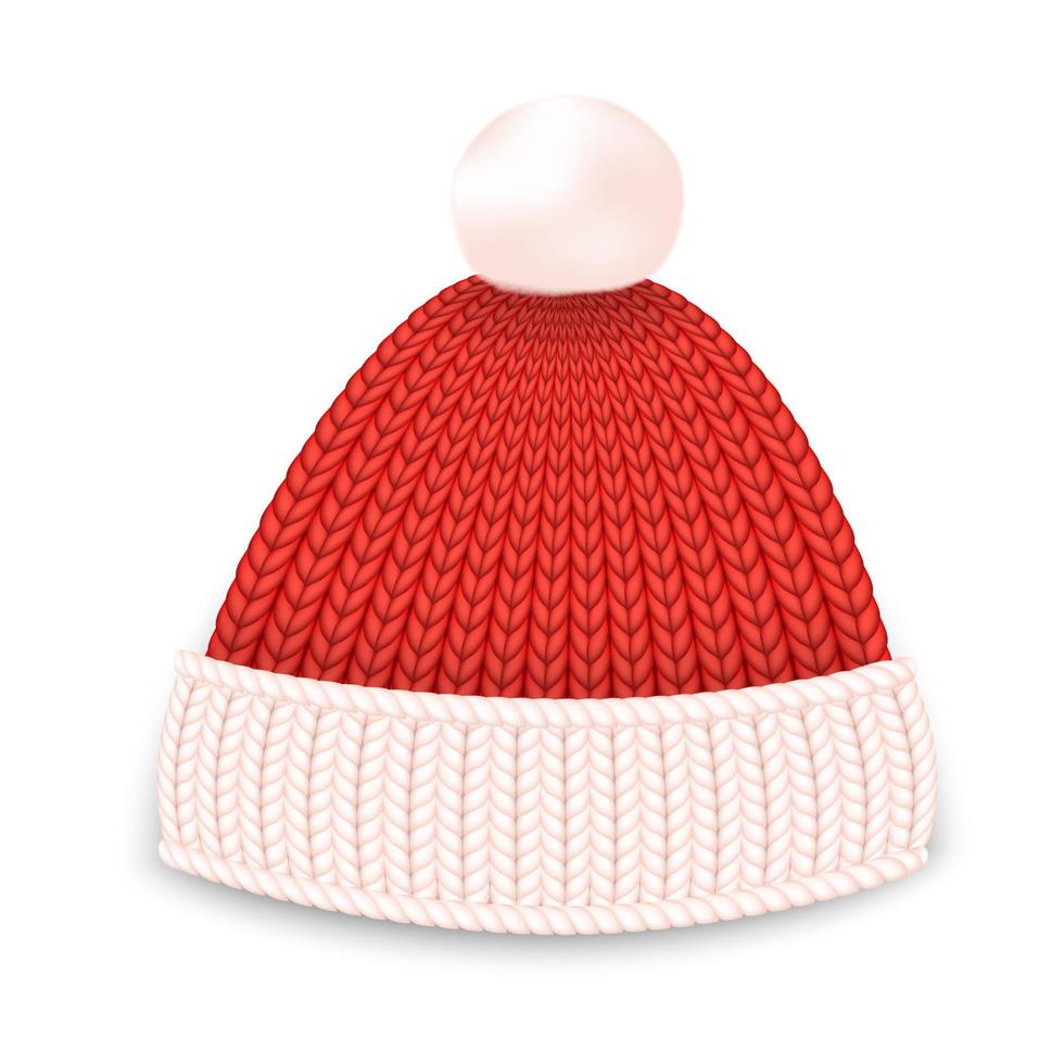 Winter red hat. Knitted, wool winter clothing. Realistic stiyle. Vector illustration on white background.